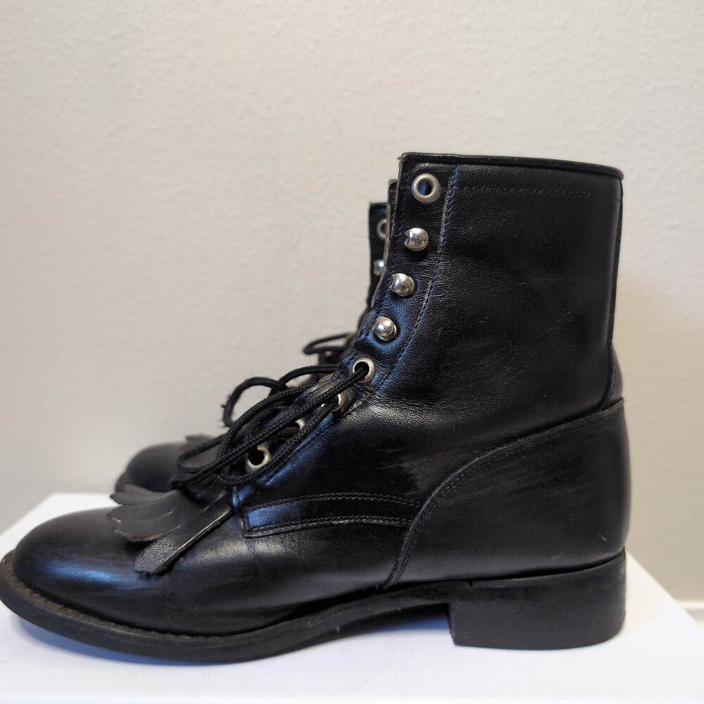 Black Leather Lace-Up Boots with Fringe Western